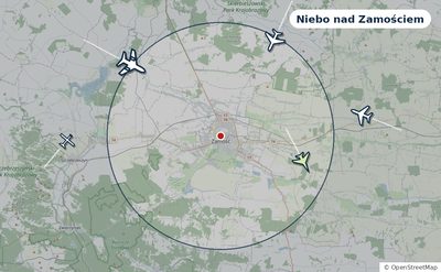Mapa okolic miasta z sylwetkami samolotów — Niebo nad Zamościem na żywo