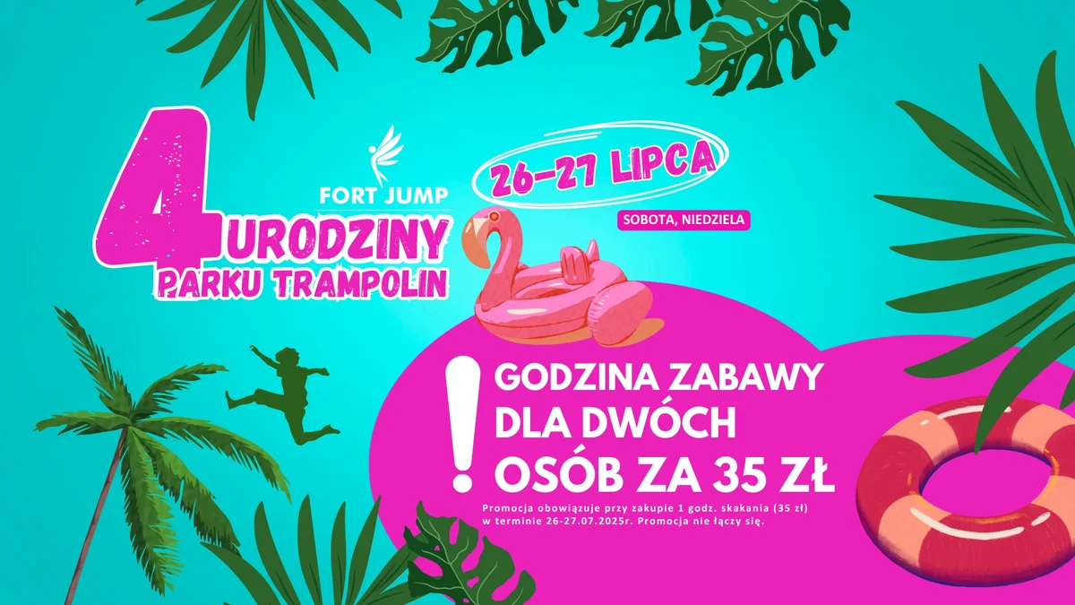 Grafika promocyjna wydarzenia Czwarte urodziny parku trampolin Fort Jump w Zamościu