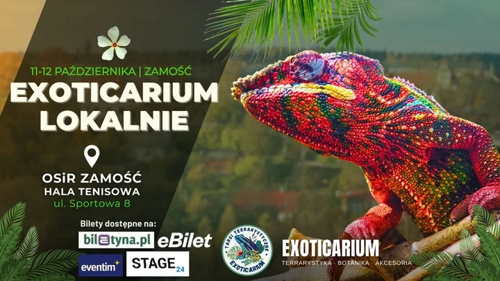 Obrazek przedstawia grafikę promocyjną wydarzenia Targi terrarystyczne Exoticarium Lokalnie w Zamościu