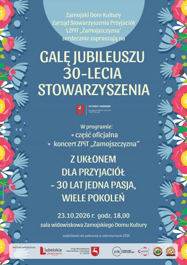 Grafika promocyjna wydarzenia Gala 30-lecia Stowarzyszenia „Zamojszczyzna” w Zamościu