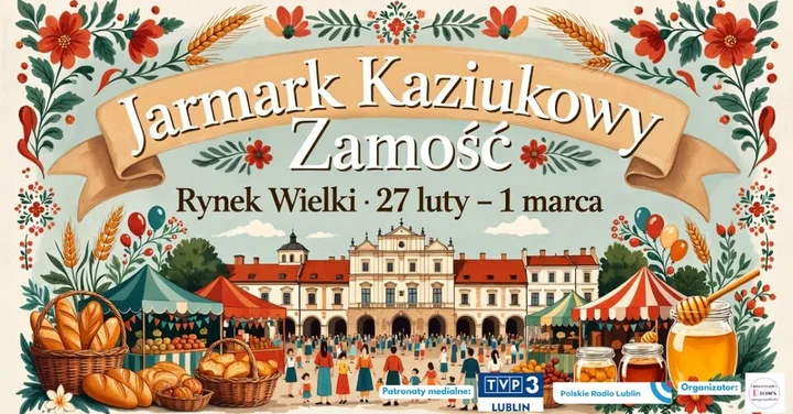 Grafika promocyjna wydarzenia Jarmark Kaziukowy w Zamościu — Rynek Wielki, 27 lutego–1 marca