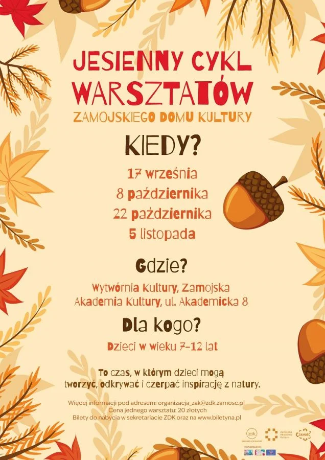Grafika promocyjna wydarzenia Jesienny cykl warsztatów Zamojskiego Domu Kultury