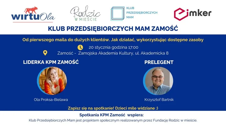 Grafika promocyjna wydarzenia Klub Przedsiębiorczych Mam Zamość — spotkanie 20 stycznia 2026