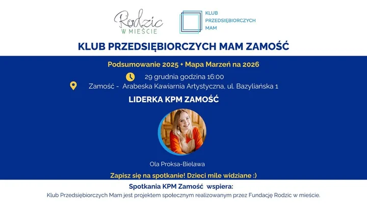 Grafika promocyjna wydarzenia Klub Przedsiębiorczych Mam Zamość — spotkanie podsumowujące 2025 i Mapa Marzeń na 2026