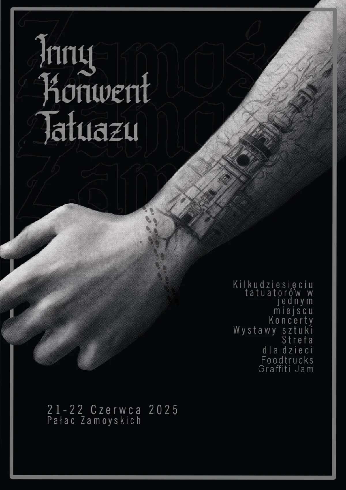 Grafika promocyjna wydarzenia Konwent Tatuażu w Zamościu – wydarzenie w Pałacu Zamoyskich