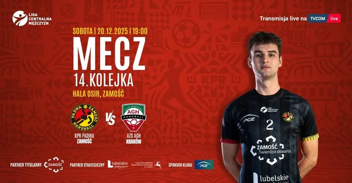 Grafika promocyjna wydarzenia KPR Padwa Zamość vs AZS AGH Kraków — 14. kolejka Ligi Centralnej (20 grudnia 2025)