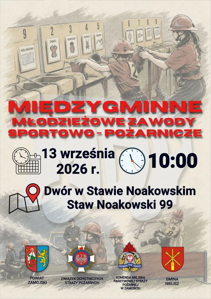 Grafika promocyjna wydarzenia Międzygminne Młodzieżowe Zawody Sportowo-Pożarnicze