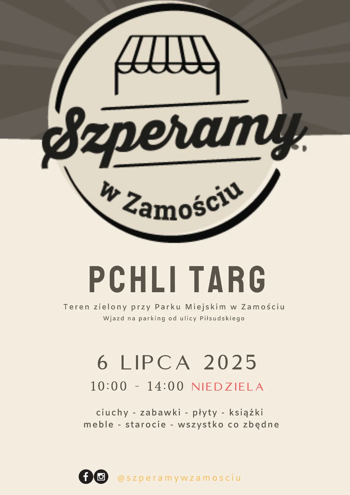 Grafika promocyjna wydarzenia Pchli targ w Zamościu – miejsce wymiany i sprzedaży używanych rzeczy