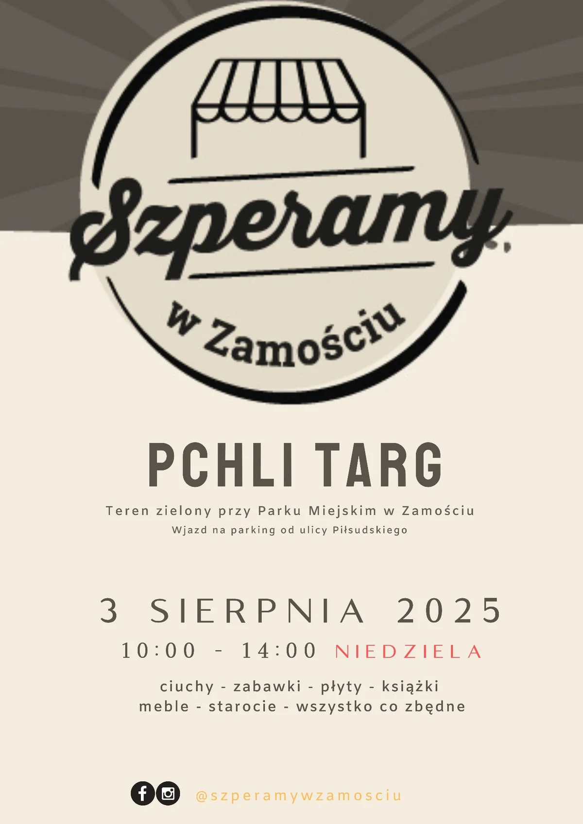 Grafika promocyjna wydarzenia Pchli targ w Zamościu – sprzedaż i wymiana używanych rzeczy