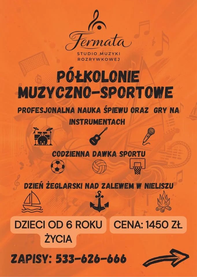 Grafika promocyjna wydarzenia Półkolonie Muzyczno-Sportowe w Zamościu – wakacje z instrumentami i ruchem