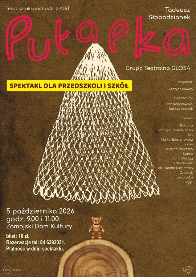 Grafika promocyjna wydarzenia „Pułapka” dla przedszkoli i szkół