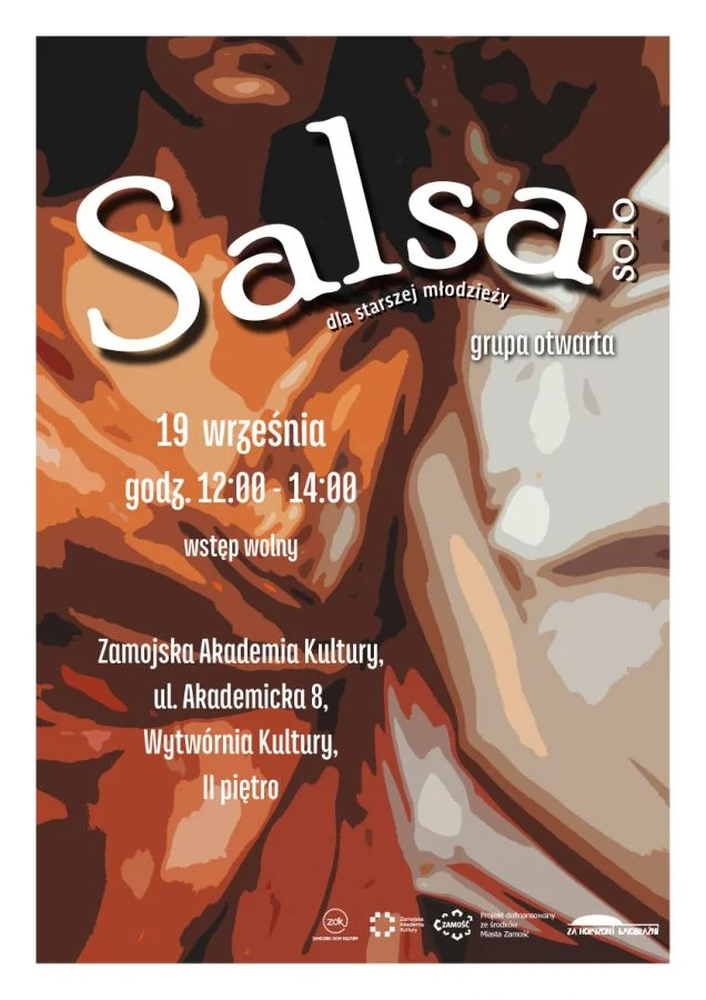 Grafika promocyjna wydarzenia Salsa dla starszej młodzieży!
