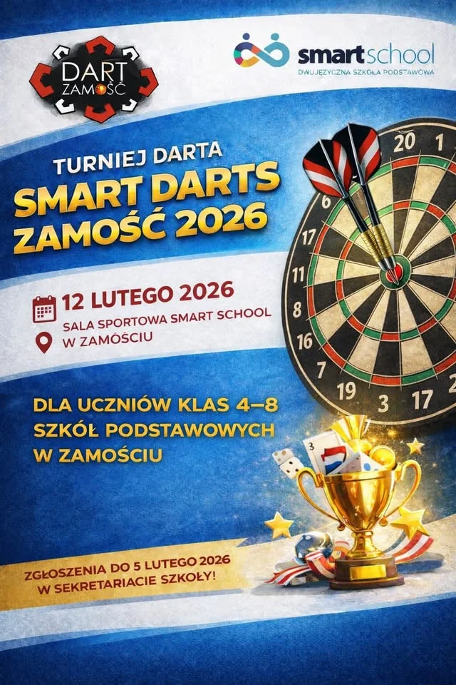 Grafika promocyjna wydarzenia SMART DARTS Zamość 2026 – turniej darta dla uczniów klas 4–8