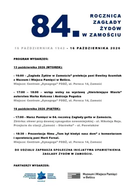 Grafika promocyjna wydarzenia 84. rocznica Zagłady Żydów w Zamościu