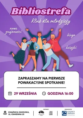 Grafika promocyjna wydarzenia Bibliostrefa. Klub dla młodzieży
