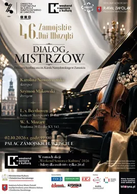 Grafika promocyjna wydarzenia Dialog Mistrzów – koncert symfoniczny w Pałacu Zamoyskich