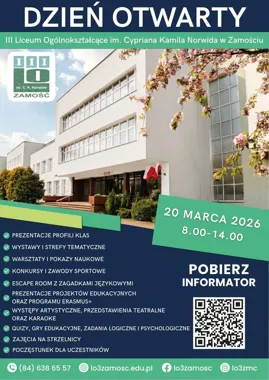 Grafika promocyjna wydarzenia Dzień Otwarty 3LO — zwiedzanie, warsztaty i pokazy dla ósmoklasistów