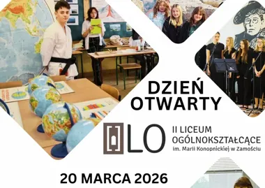 Grafika promocyjna wydarzenia Dzień Otwarty w II LO Zamość — zajrzyj 20 marca i zobacz szkołę od środka