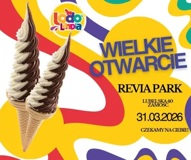 Grafika promocyjna wydarzenia Otwarcie Lodolandia Revia Park w Zamościu — 31 marca, degustacje i kupony rabatowe