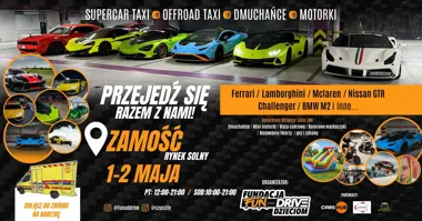 Grafika promocyjna wydarzenia Przejedź się Ferrari, Lamborghini, McLarenem w Zamościu — Majówka 2026