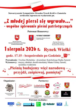 Grafika promocyjna wydarzenia „Z młodej piersi się wyrwało…” – wspólne śpiewanie pieśni patriotycznych, upamiętniające 82. rocznicę wybuchu Powstania Warszawskiego