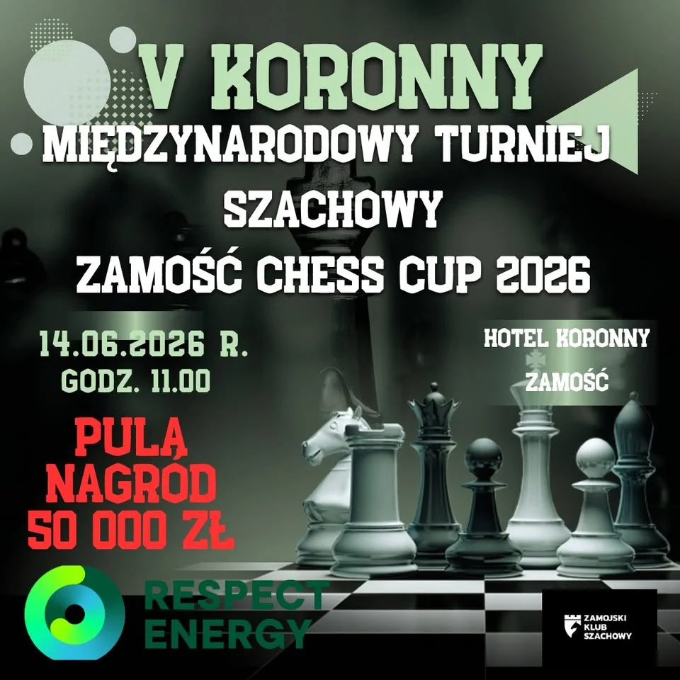 Grafika promocyjna wydarzenia V Koronny Międzynarodowy Turniej Szachowy Zamość Chess Cup 2026 – 50 tys. zł w puli nagród