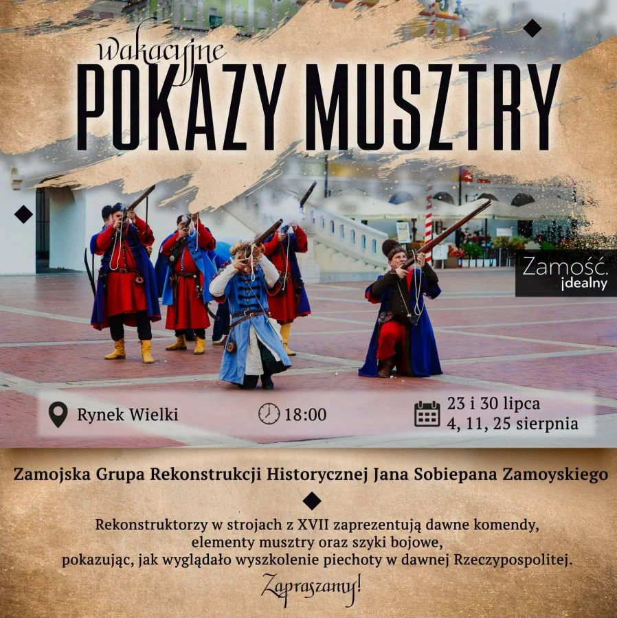 Grafika promocyjna wydarzenia XVII-wieczna musztra na Rynku Wielkim w Zamościu