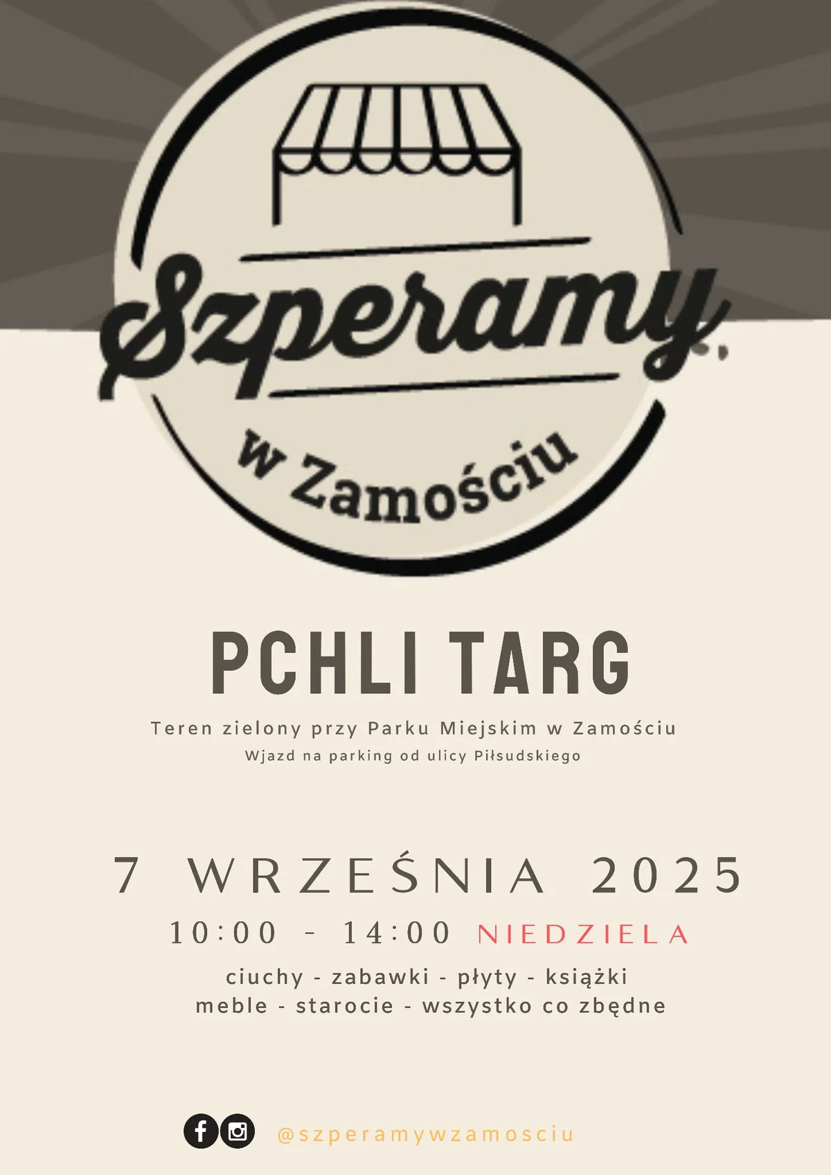 Grafika promocyjna wydarzenia Wymiana i sprzedaż rzeczy używanych w Parku Miejskim w Zamościu