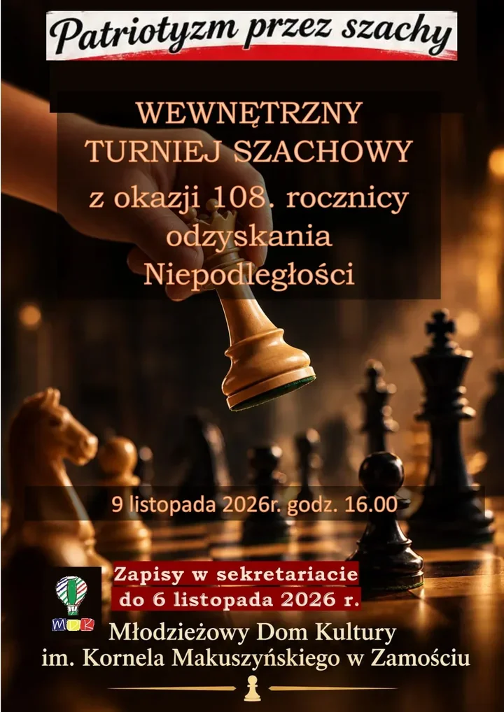 Szachownica w barwach niepodległości. MDK w Zamościu zaprasza na turniej