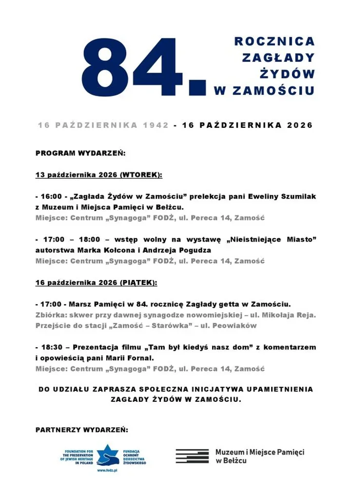 Marsz pamięci i film o żydowskim Zamościu. Program obchodów 84. rocznicy Zagłady