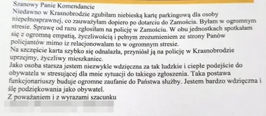 Zgubiła kartę parkingową w drodze do Zamościa. Pomogli jej policjanci